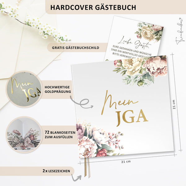 Mein JGA Gästebuch Pfingstrosen - Erinnerungsbuch für handschriftliche Botschaften - 72 Seiten ohne Fragen