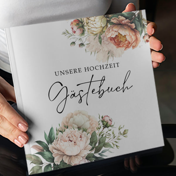 Gästebuch Unsere Hochzeit - Romantisch gestaltetes Taschenbuch mit Pfingstrosen-Design