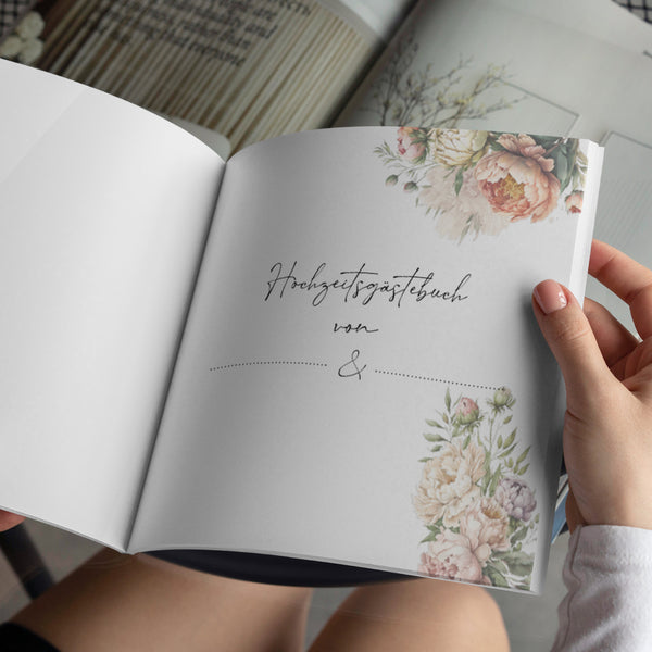 Gästebuch Unsere Hochzeit - Romantisch gestaltetes Taschenbuch mit Pfingstrosen-Design