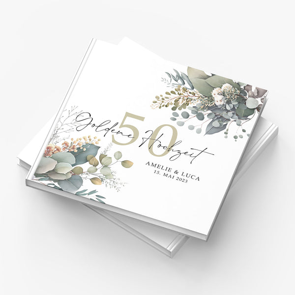 Memory album for wedding anniversaries: 25, 30, 40, 50, 60 years in eucalyptus design
