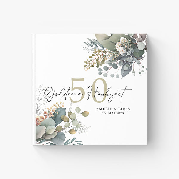 Memory album for wedding anniversaries: 25, 30, 40, 50, 60 years in eucalyptus design