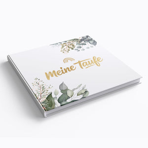 Taufgästebuch Eukalyptus mit Goldprägung – Gästebuch zur Taufe mit 72 Seiten inkl. Tischschild