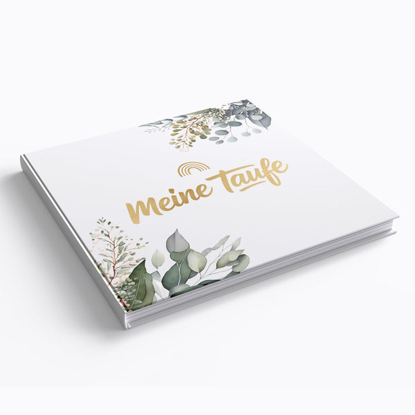 Taufgästebuch Eukalyptus mit Goldprägung – Gästebuch zur Taufe mit 72 Seiten inkl. Tischschild