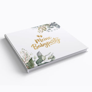 Babyparty Gästebuch Eukalyptus mit Goldprägung – Erinnerungsbuch für Baby Shower & Gender Reveal inkl. Aufsteller