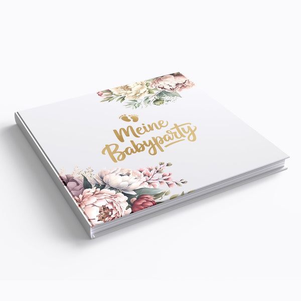 Babyparty Gästebuch Pfingstrosen mit Goldprägung – 72 Seiten Erinnerungsbuch für Baby Shower & Gender Reveal inkl. Schild