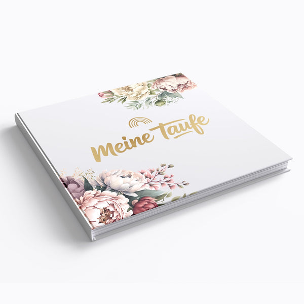 Taufgästebuch „Meine Taufe“ Pfingstrosen mit Goldprägung – Erinnerungsbuch inkl. Gästebuch-Schild