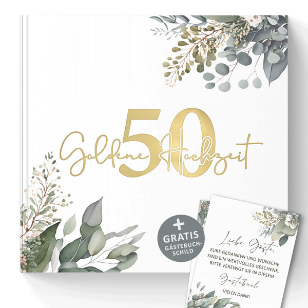 Gästebuch Goldene Hochzeit 50 Jahre – Eukalyptus mit Goldprägung inkl. Gästebuch-Schild