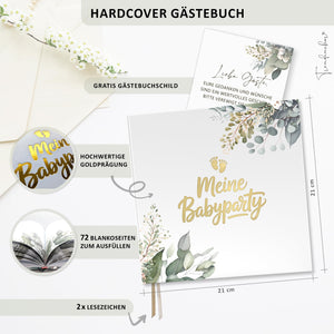 Babyparty Gästebuch Eukalyptus mit Goldprägung – Erinnerungsbuch für Baby Shower & Gender Reveal inkl. Aufsteller