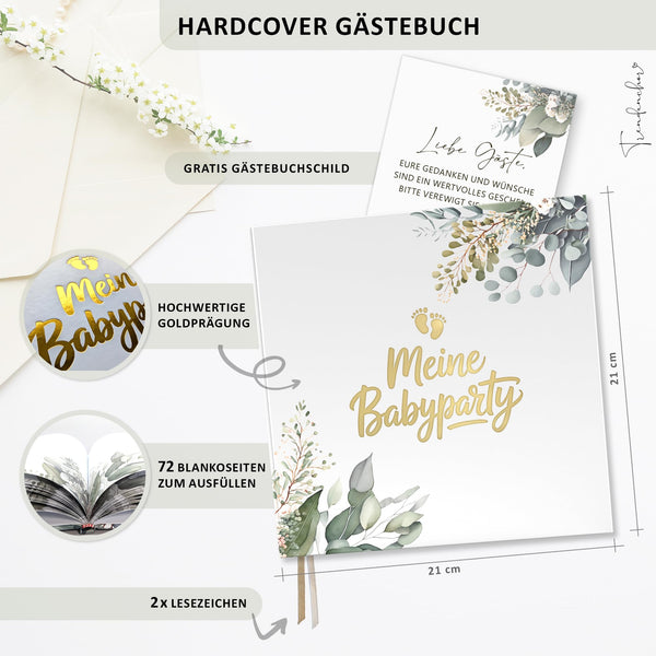 Babyparty Gästebuch Eukalyptus mit Goldprägung – Erinnerungsbuch für Baby Shower & Gender Reveal inkl. Aufsteller