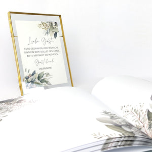 Gästebuch Goldene Hochzeit 50 Jahre – Eukalyptus mit Goldprägung inkl. Gästebuch-Schild
