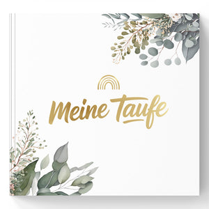 Taufgästebuch Eukalyptus mit Goldprägung – Gästebuch zur Taufe mit 72 Seiten inkl. Tischschild