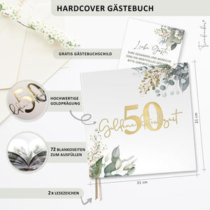 Gästebuch Goldene Hochzeit 50 Jahre – Eukalyptus mit Goldprägung inkl. Gästebuch-Schild