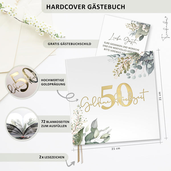 Gästebuch Goldene Hochzeit 50 Jahre – Eukalyptus mit Goldprägung inkl. Gästebuch-Schild
