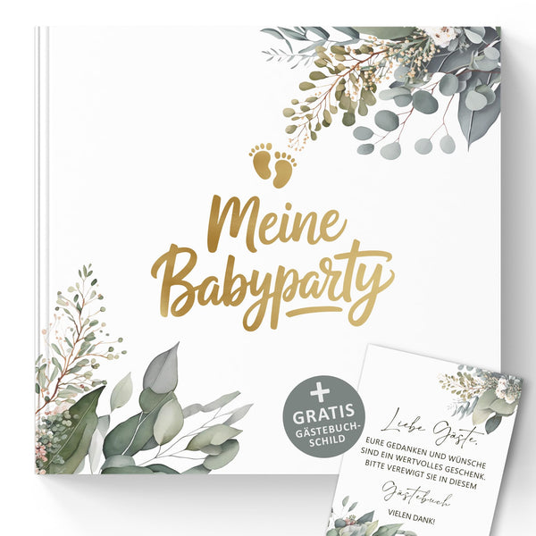 Babyparty Gästebuch Eukalyptus mit Goldprägung – Erinnerungsbuch für Baby Shower & Gender Reveal inkl. Aufsteller