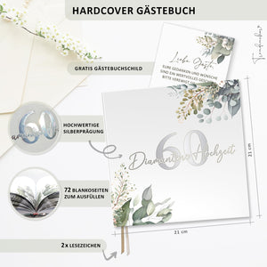 Gästebuch Diamantene Hochzeit 60 Jahre – Eukalyptus mit Silberprägung inkl. Gästebuch-Schild