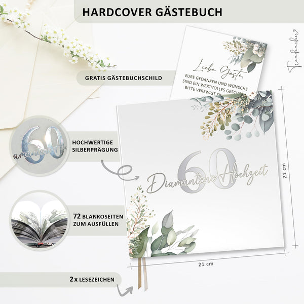 Gästebuch Diamantene Hochzeit 60 Jahre – Eukalyptus mit Silberprägung inkl. Gästebuch-Schild