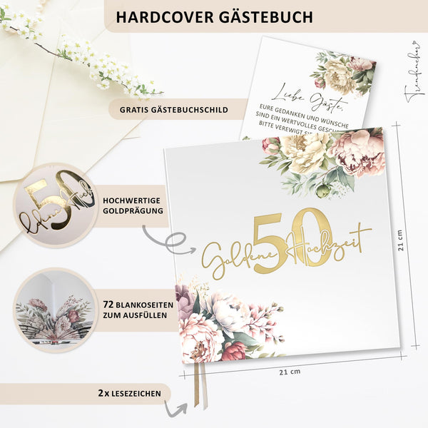 Gästebuch Goldene Hochzeit Pfingstrosen mit Goldprägung – 50. Hochzeitstag Erinnerungsbuch inkl. Schild