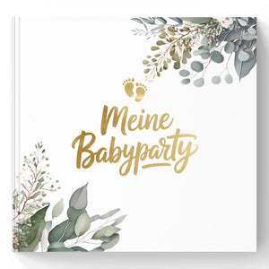 Babyparty Gästebuch Eukalyptus mit Goldprägung – Erinnerungsbuch für Baby Shower & Gender Reveal inkl. Aufsteller