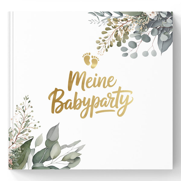 Babyparty Gästebuch Eukalyptus mit Goldprägung – Erinnerungsbuch für Baby Shower & Gender Reveal inkl. Aufsteller