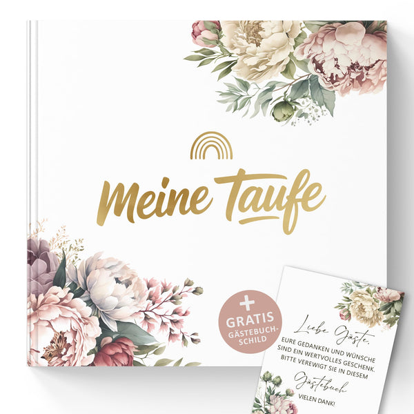 Taufgästebuch „Meine Taufe“ Pfingstrosen mit Goldprägung – Erinnerungsbuch inkl. Gästebuch-Schild