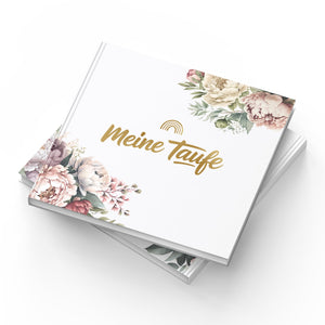 Taufgästebuch „Meine Taufe“ Pfingstrosen mit Goldprägung – Erinnerungsbuch inkl. Gästebuch-Schild