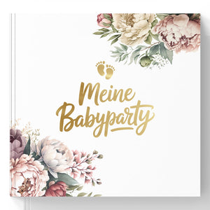 Babyparty Gästebuch Pfingstrosen mit Goldprägung – 72 Seiten Erinnerungsbuch für Baby Shower & Gender Reveal inkl. Schild