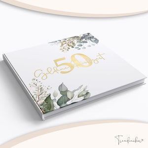 Gästebuch Goldene Hochzeit 50 Jahre – Eukalyptus mit Goldprägung inkl. Gästebuch-Schild