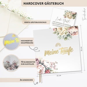 Taufgästebuch „Meine Taufe“ Pfingstrosen mit Goldprägung – Erinnerungsbuch inkl. Gästebuch-Schild