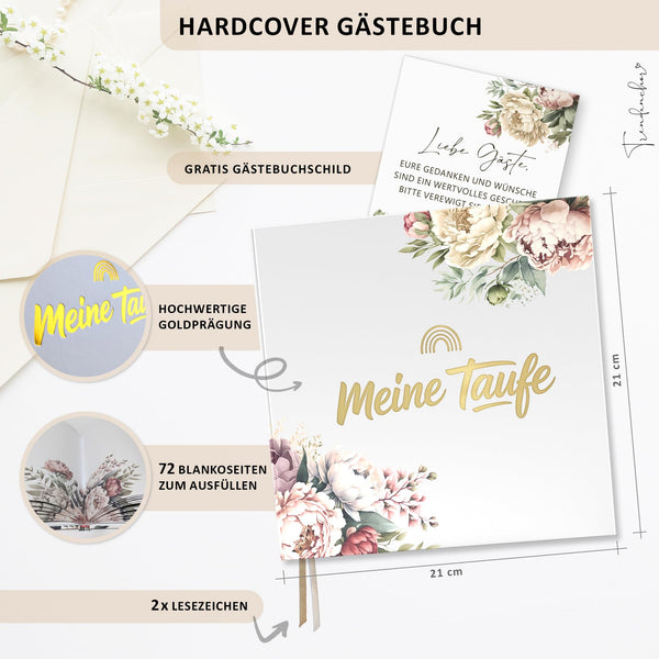 Taufgästebuch „Meine Taufe“ Pfingstrosen mit Goldprägung – Erinnerungsbuch inkl. Gästebuch-Schild