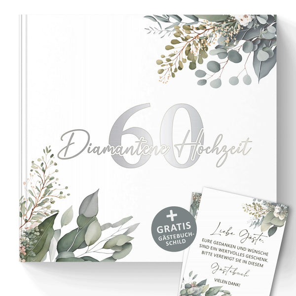 Gästebuch Diamantene Hochzeit 60 Jahre – Eukalyptus mit Silberprägung inkl. Gästebuch-Schild