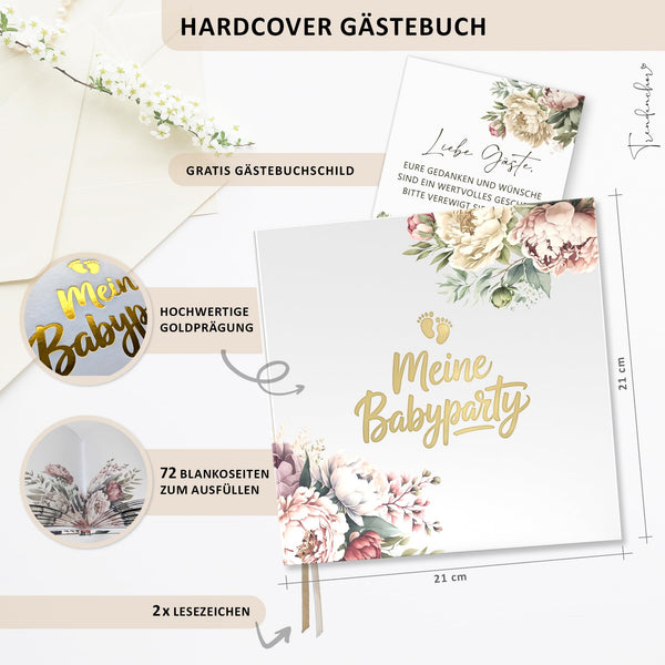 Babyparty Gästebuch Pfingstrosen mit Goldprägung – 72 Seiten Erinnerungsbuch für Baby Shower & Gender Reveal inkl. Schild