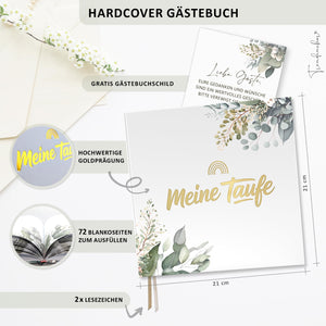 Taufgästebuch Eukalyptus mit Goldprägung – Gästebuch zur Taufe mit 72 Seiten inkl. Tischschild