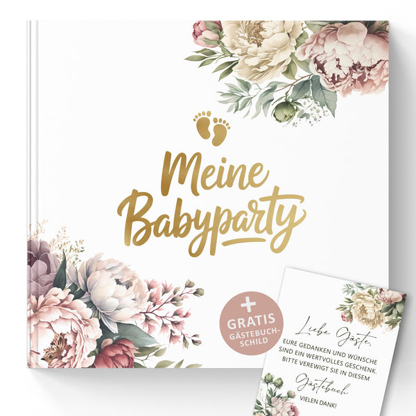 Babyparty Gästebuch Pfingstrosen mit Goldprägung – 72 Seiten Erinnerungsbuch für Baby Shower & Gender Reveal inkl. Schild