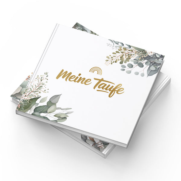 Taufgästebuch Eukalyptus mit Goldprägung – Gästebuch zur Taufe mit 72 Seiten inkl. Tischschild