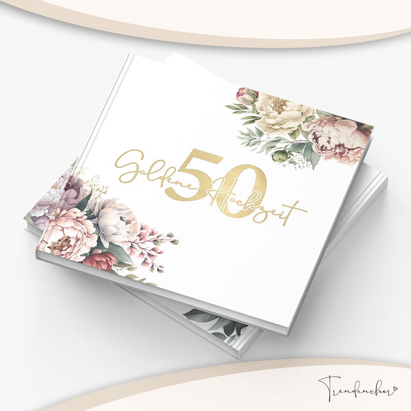 Gästebuch Goldene Hochzeit Pfingstrosen mit Goldprägung – 50. Hochzeitstag Erinnerungsbuch inkl. Schild