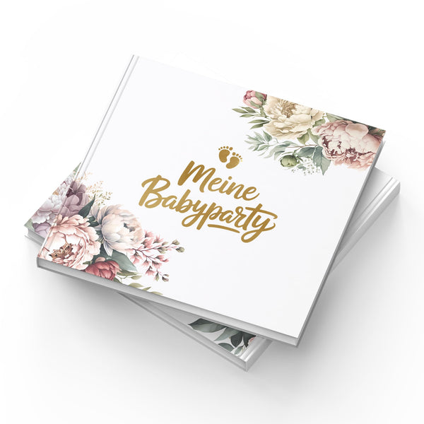 Babyparty Gästebuch Pfingstrosen mit Goldprägung – 72 Seiten Erinnerungsbuch für Baby Shower & Gender Reveal inkl. Schild