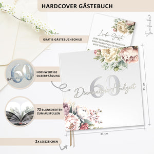 Gästebuch Diamantene Hochzeit 60 Jahre – Pfingstrosen mit Silberprägung
