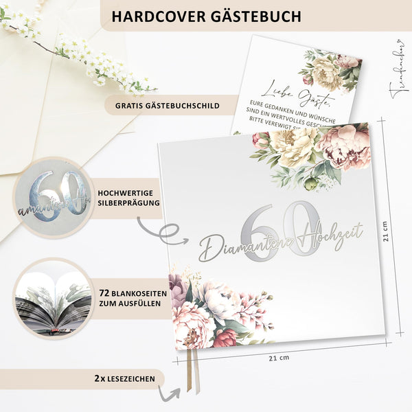 Gästebuch Diamantene Hochzeit 60 Jahre – Pfingstrosen mit Silberprägung