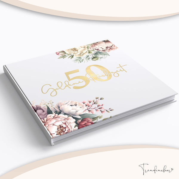 Gästebuch Goldene Hochzeit Pfingstrosen mit Goldprägung – 50. Hochzeitstag Erinnerungsbuch inkl. Schild