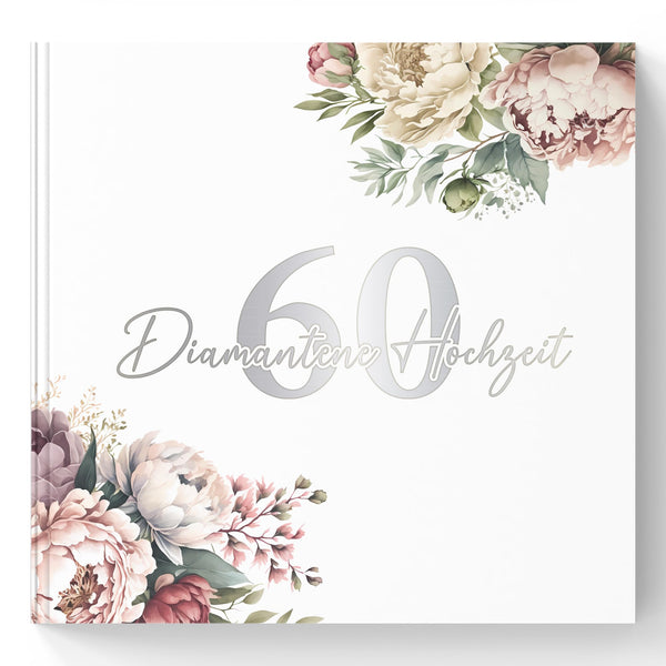 Gästebuch Diamantene Hochzeit 60 Jahre – Pfingstrosen mit Silberprägung