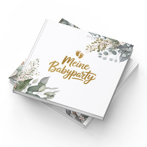 Babyparty Gästebuch Eukalyptus mit Goldprägung – Erinnerungsbuch für Baby Shower & Gender Reveal inkl. Aufsteller