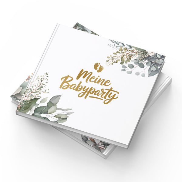 Babyparty Gästebuch Eukalyptus mit Goldprägung – Erinnerungsbuch für Baby Shower & Gender Reveal inkl. Aufsteller