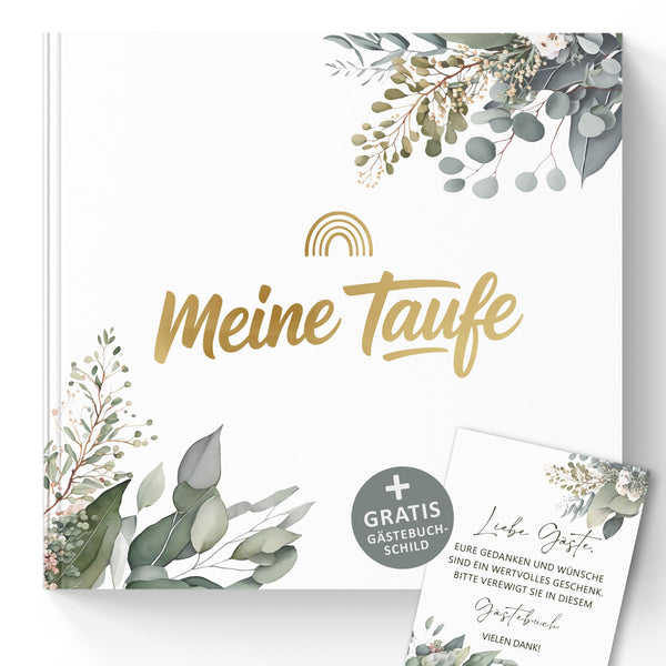 Taufgästebuch Eukalyptus mit Goldprägung – Gästebuch zur Taufe mit 72 Seiten inkl. Tischschild