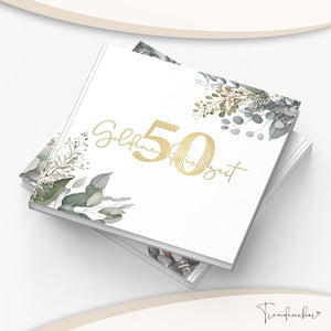Gästebuch Goldene Hochzeit 50 Jahre – Eukalyptus mit Goldprägung inkl. Gästebuch-Schild