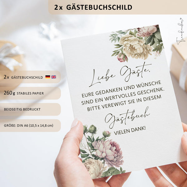 Gästebuch-Set zum Ausfüllen und Fotos Einkleben - Pfingstrosen