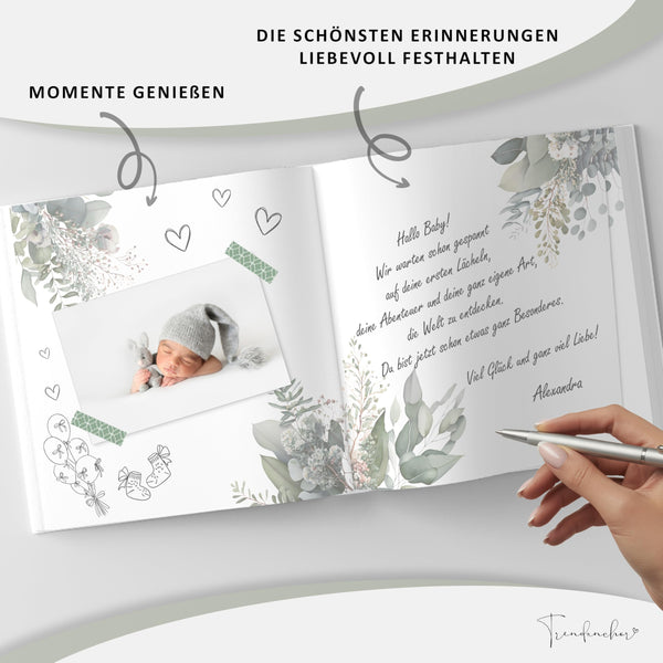 Babyparty Gästebuch Eukalyptus mit Goldprägung – Erinnerungsbuch für Baby Shower & Gender Reveal inkl. Aufsteller