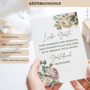 Gästebuch Goldene Hochzeit Pfingstrosen mit Goldprägung – 50. Hochzeitstag Erinnerungsbuch inkl. Schild