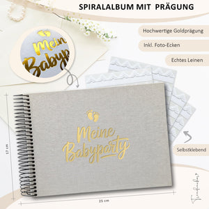 Babyparty Gästebuch Boho Leinen mit Goldprägung – Spiralalbum & Baby Erinnerungsbuch (17×25 cm) inkl. Fotoecken