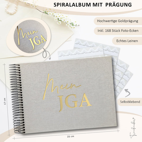 JGA Gästebuch Vintage Leinen mit Goldprägung – Fotoalbum & Erinnerungsbuch inkl. Gästekarten + Fotoecken