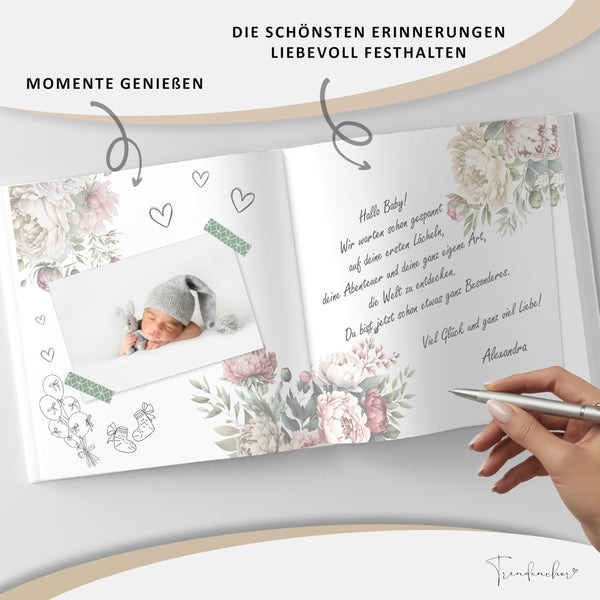 Babyparty Gästebuch Pfingstrosen mit Goldprägung – 72 Seiten Erinnerungsbuch für Baby Shower & Gender Reveal inkl. Schild
